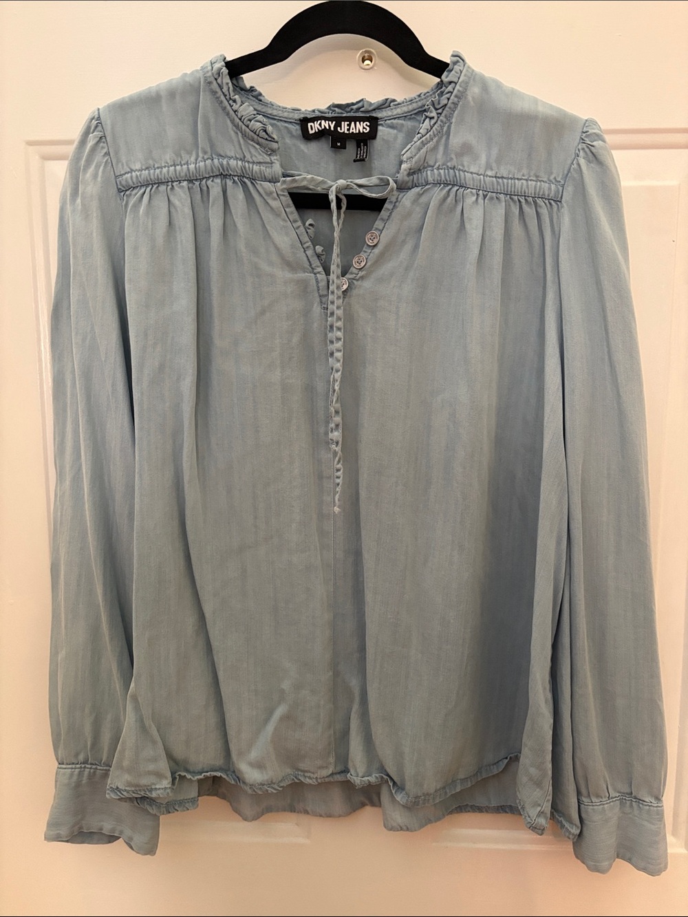 Dkny Light Blue Peasant-Style Tie Neck Blouse